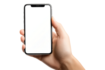 Hand holding smartphone with blank white screen isolated. AI generated..