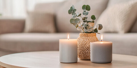Two lit candles and eucalyptus in a woven vase sit on a wooden table, creating a calm and relaxing scene, showcasing a minimalist home decor style