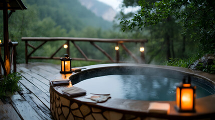 Obraz premium Outdoor Hot Tub on Wooden Deck with Mountain View