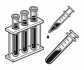 Black and white illustration of laboratory equipment and test tubes.