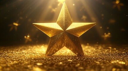 A large golden star shines with light and glitter details
