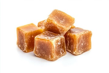 Caramel candy cubes on solid white background. Neural network AI generated