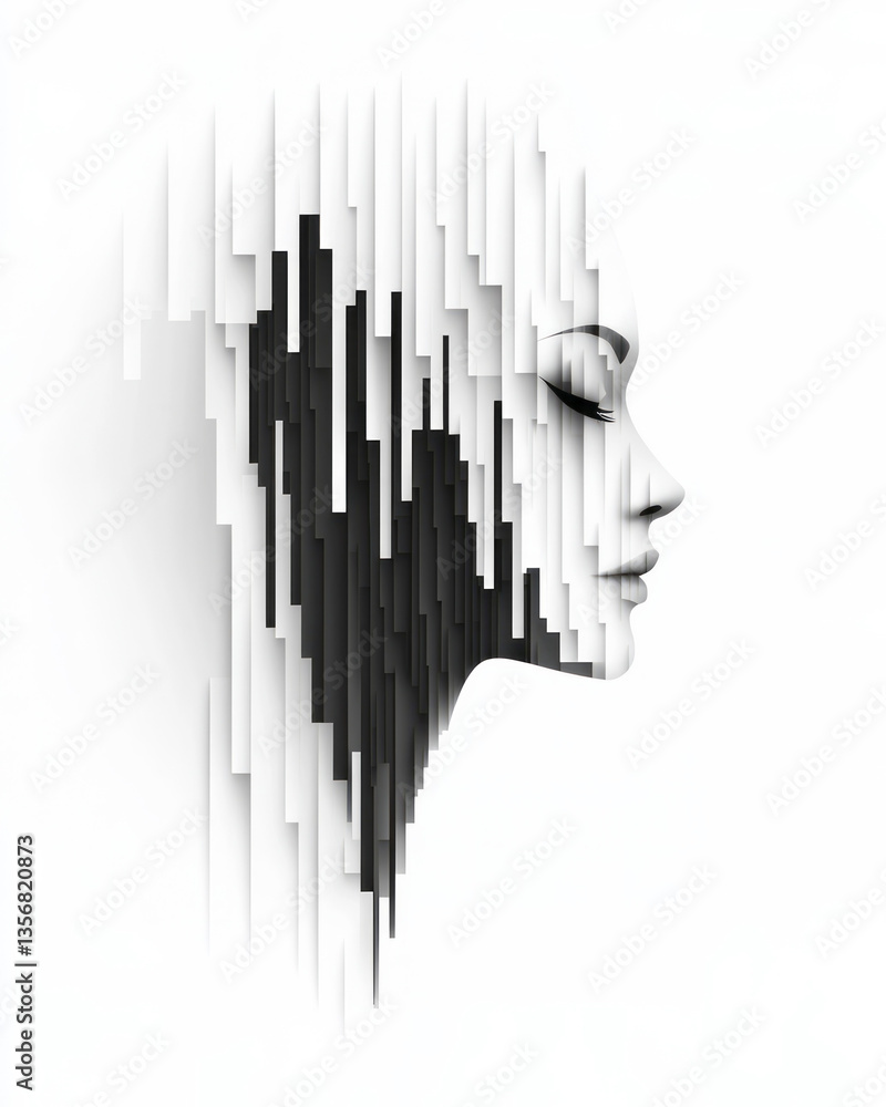 Poster a floating head silhouette built from mirrored hexagons and smooth vector shapes in a clean white
