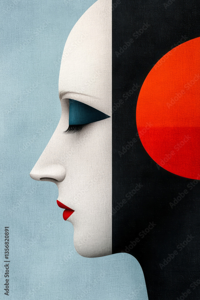 Poster A modern abstraction of a face inside a silhouette, using symmetry and bold angular geometry to