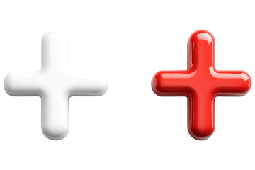 Obraz premium White and red 3D medical crosses side by side, isolated and AI generated..