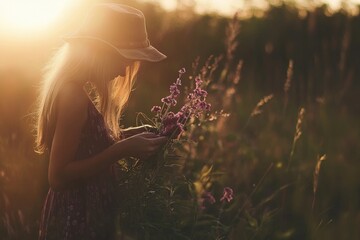 Golden sunlight bathes woman gently holding vibrant wildflowers