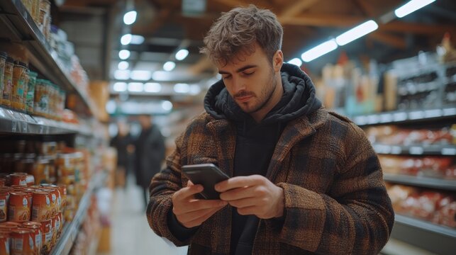 Man in grocery store checks his smartphone for shopping list