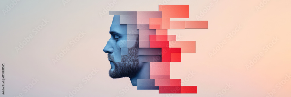 Poster a conceptual visualization of mind and shape a head silhouette divided by precise symmetrical