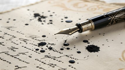 Ink-stained Elegance: A close-up view of an antique fountain pen resting atop a parchment page, adorned with ink splatters and elegant handwritten script.