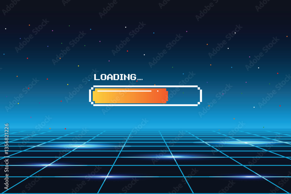 Aufkleber loading bar. pixel art. 8 bit. retro game. retro futurism sci-fi background. glowing neon grid and s