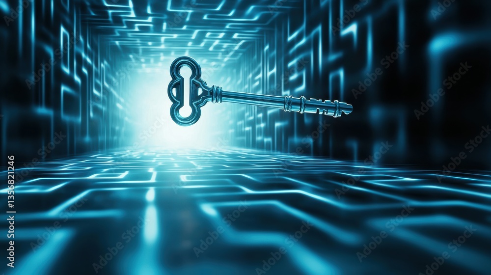 Poster a glowing key suspended in a digital maze, symbolizing access and discovery in a futuristic space.
