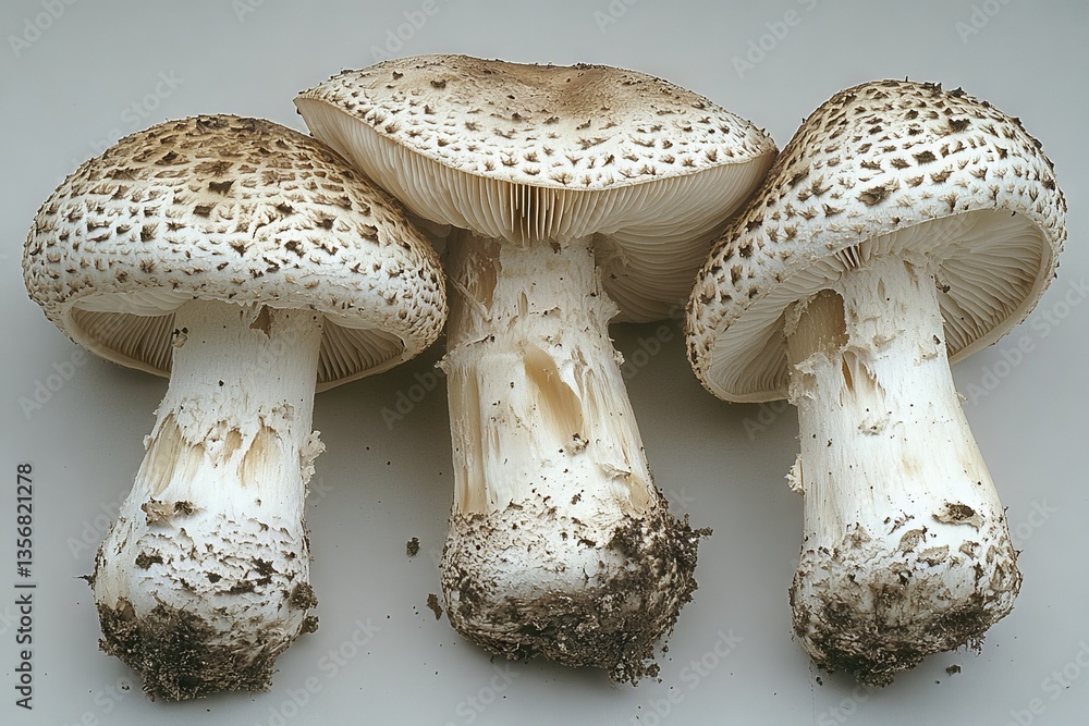 Poster mushrooms showing textured caps with dirt on stems in a neutral setting during daylight hours