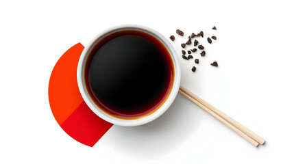 Overhead Shot of Soy Sauce Bowl with Chopsticks and Spices on White Background