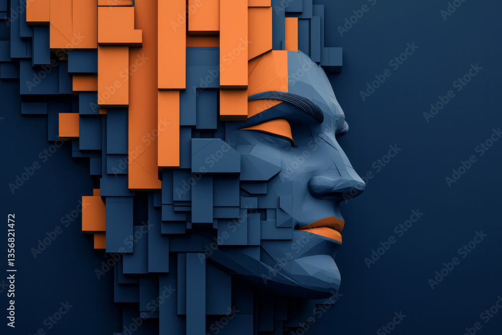 Poster a modern, stylized head abstraction filled with symmetrical shapes flowing in futuristic harmony,
