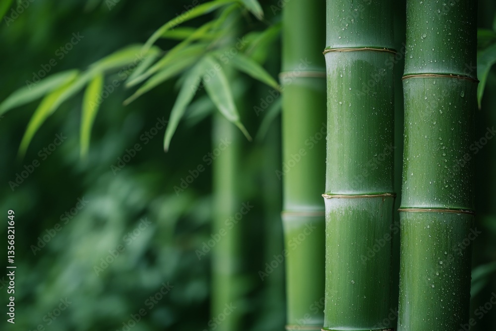 Poster lush green bamboo stalks creating a serene atmosphere in a tranquil garden setting during early morn