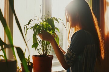 Sunlight streams through window as woman gently tends to plant,