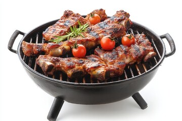 Grilled ribs with cherry tomatoes and herbs on charcoal grill in a cozy setting