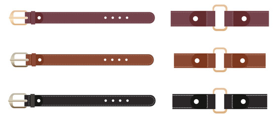 Belt icon vector. Set of men and women belts. Fashion, accessories, haberdashery, clothes and accessories, strap, metal, brass or steel buckle stylish accessories. Vector illustration.