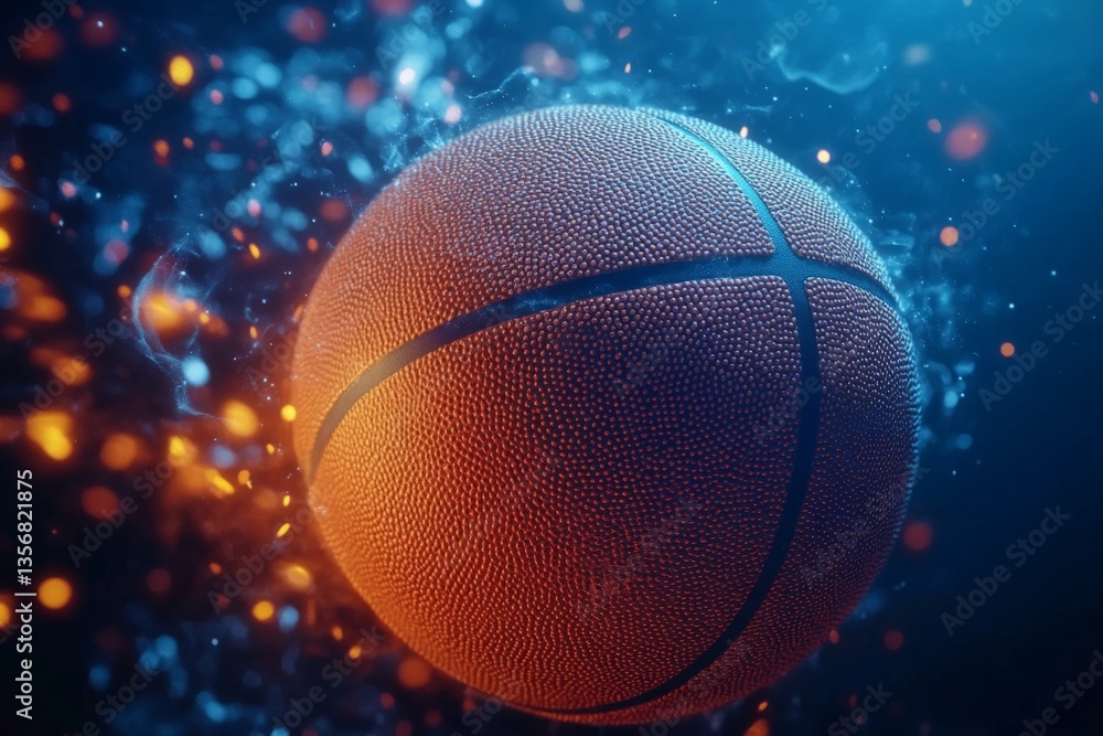 Poster dynamic basketball in motion surrounded by vibrant light effects and a cool blue background creating