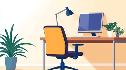 Fototapeta premium Modern home office setup featuring a desk, computer, lamp, and decorative plants