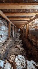 Fototapeta premium Rustic Stone Tunnel with Wooden Beams and Earthen Floor Capturing the Essence of Underground Exploration and Construction