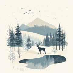 Winter Serenity: A Deer's Reflection in a Snowy Forest Lake, Framed by Mountain Views and Soaring Birds Silhouette
