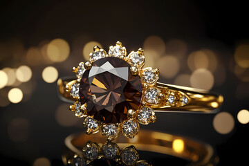 Sparkling Elegance: An exquisite close-up of a dazzling gemstone ring, showcasing intricate details and a radiant glow against a backdrop of soft bokeh.