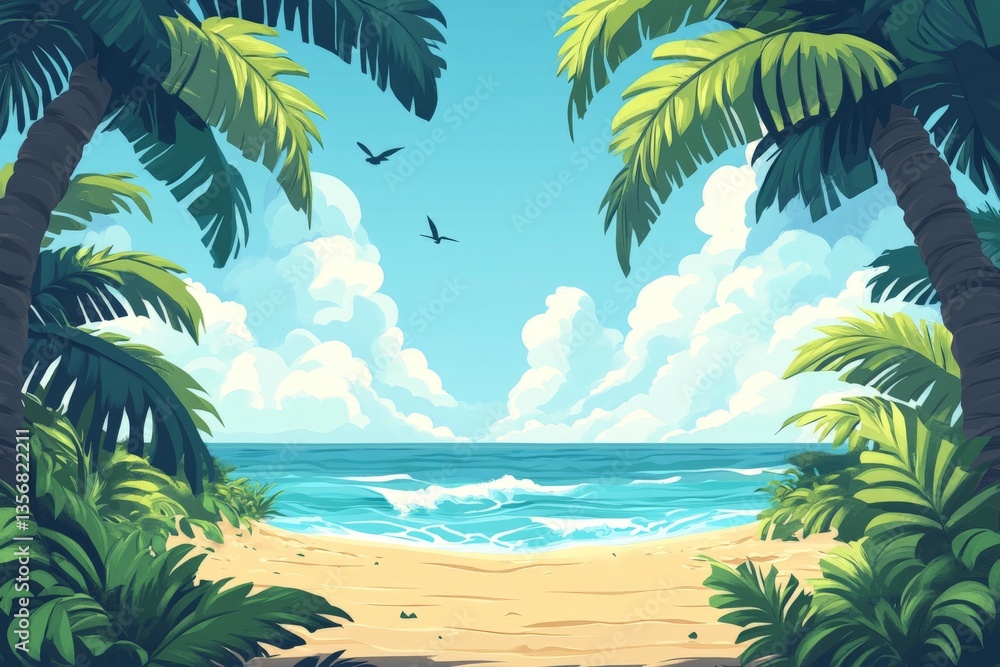 Poster serene beach view with palm trees and clear blue sky on a sunny day near the ocean