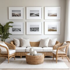 Fototapeta premium Coastal Living Room Decor with Rattan Furniture and Beach Photography