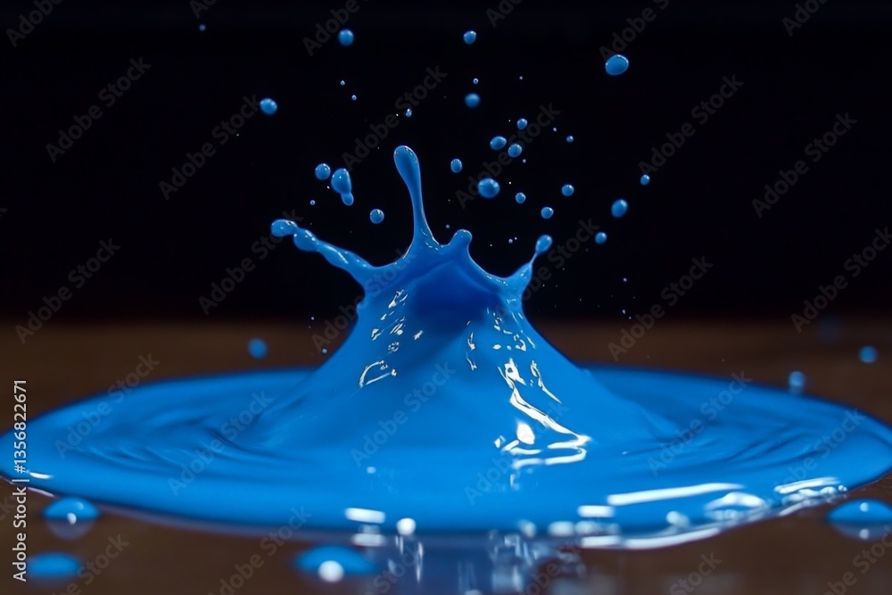 Poster dynamic splash of blue paint captured on a dark background during a creative art session