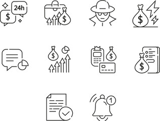 Money crime sign. Cash money, loan and mortgage outline icons. Fraud line icon. Accounting offense symbol. Fraud line sign. Credit card, crypto wallet icon. Inflation, job salary