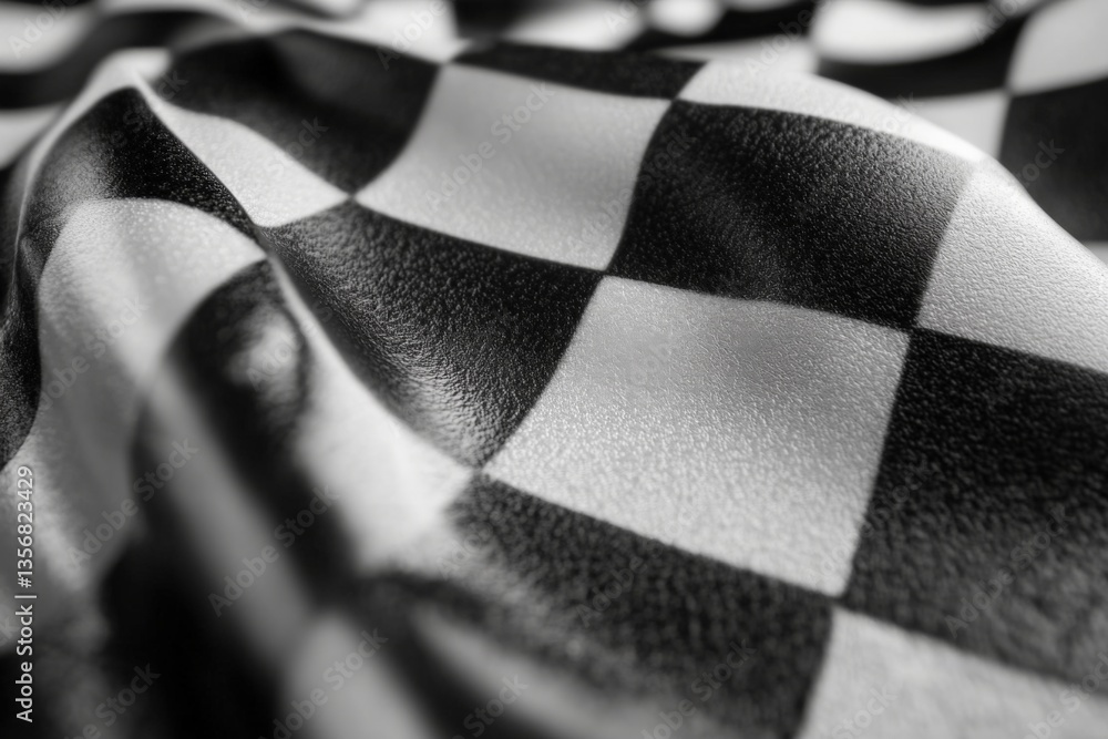 Poster checkered pattern fabric with black and white squares reflecting light in detailed close-up view