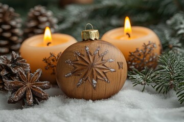 Beautiful wooden Christmas ornament surrounded by candles and pine cones in a snowy setting during the holiday season
