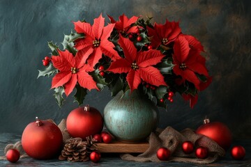 Celebrate the joy of the holiday season with a vibrant bouquet of poinsettias and festive decorations