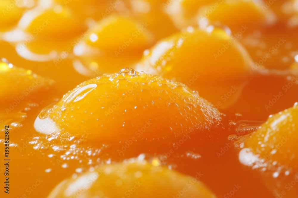 Poster Bright orange spheres float in a vibrant liquid, showing texture and bubbles at various angles during a culinary preparation