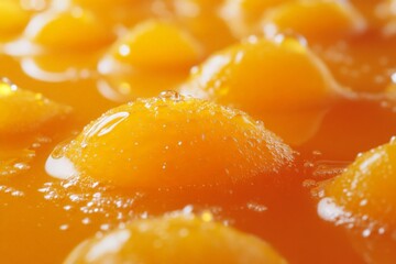 Bright orange spheres float in a vibrant liquid, showing texture and bubbles at various angles during a culinary preparation