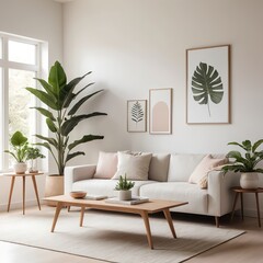 Modern Minimalist Living Room Interior with Beige Sofa and Plants