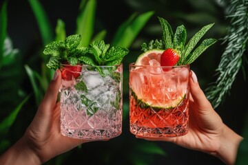 Refreshing cocktail drinks served in elegant glasses during a summer gathering at a lush outdoor location