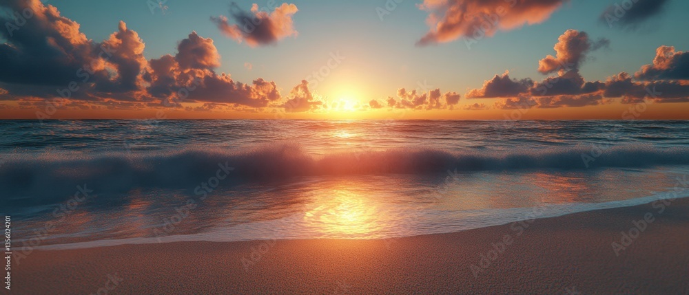 Poster golden hour at the tranquil beach with soft waves and clouds reflecting warm light creating a serene