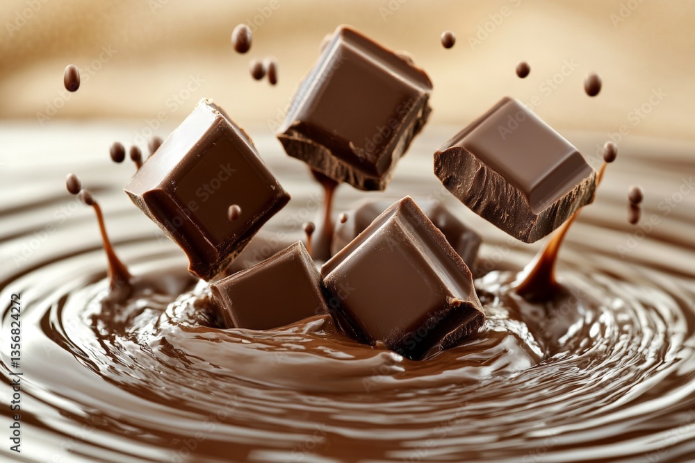 Poster Chocolate squares splash into rich liquid chocolate creating dynamic motion in a sweet dessert setting