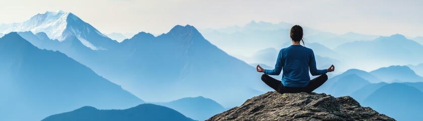 Fototapeta premium A person meditates on a rocky ledge, surrounded by majestic mountains and serene blue skies, promoting peace and mindfulness in nature.