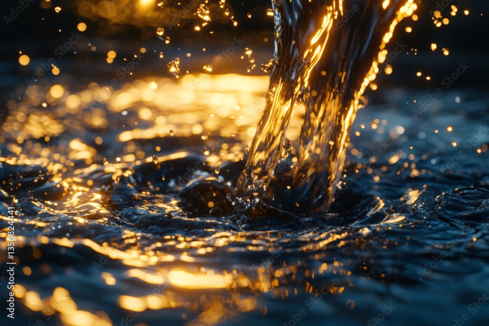 Poster Water splashing at sunset creates a mesmerizing glow in a natural setting near a riverbank during the golden hour