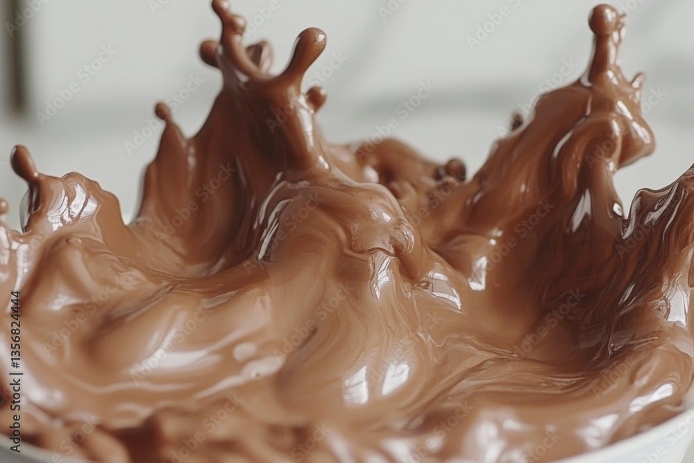 Poster swirling chocolate creates dynamic patterns in a mixing bowl during dessert preparation at a home ki