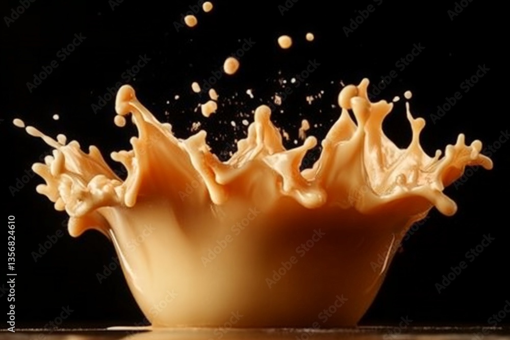Poster Creamy liquid splashes dramatically from a bowl creating a captivating display of droplets against a dark background