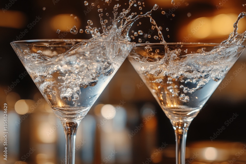 Poster elegant martini glasses splashing sparkling water in a sophisticated bar setting during evening hour