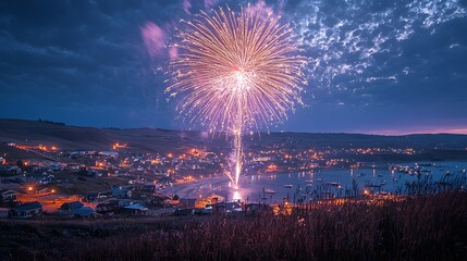 Fireworks explode over coastal town at night