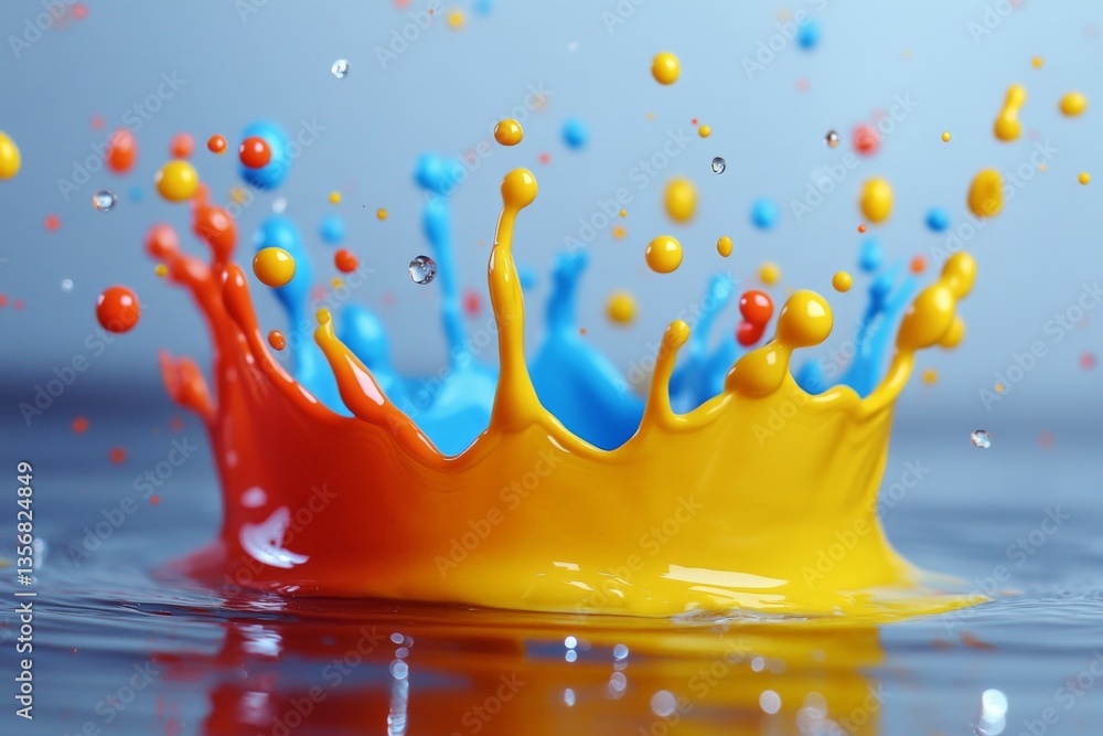Poster colorful splashes form a vibrant crown shape in water during an artistic display at a creative studi