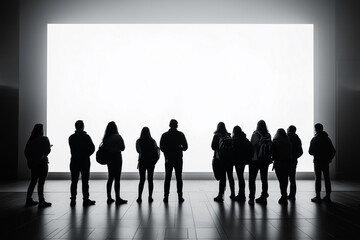 Silhouette of a group of people looking at a large white screen, Large white screen mockup