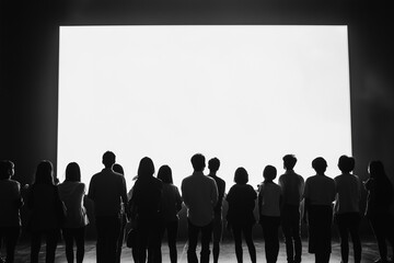 Silhouette of a group of people looking at a large white screen, Large white screen mockup