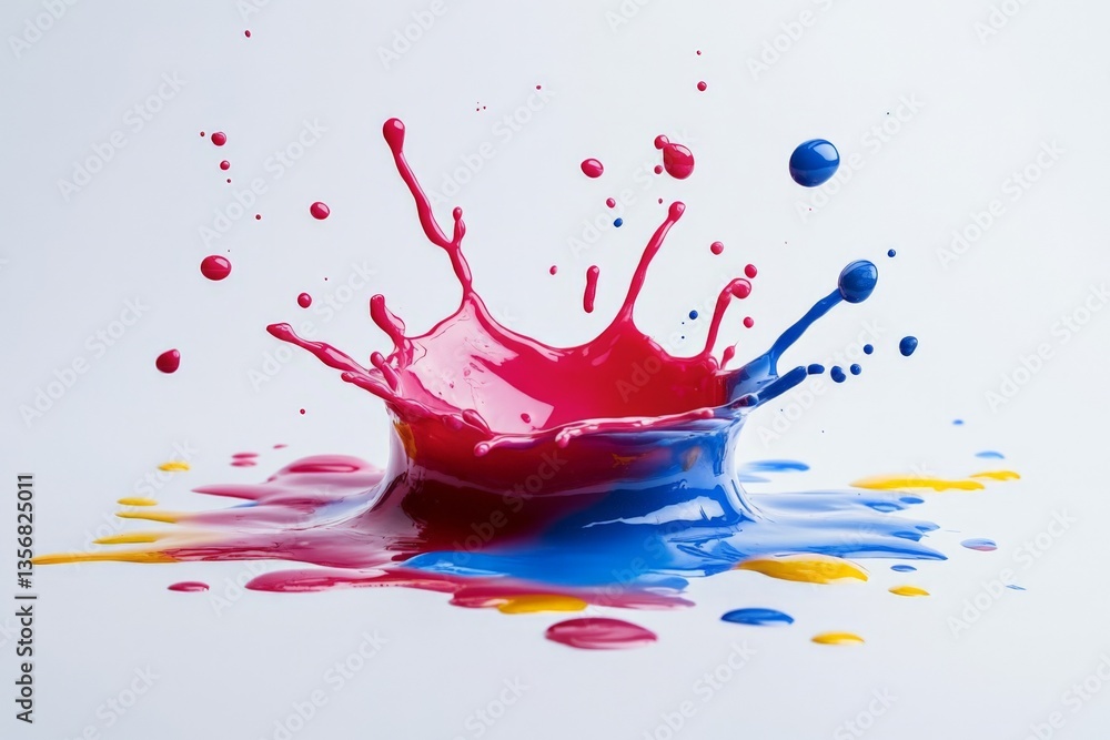 Poster colorful paint splash creates vibrant patterns on a white background during a creative art project